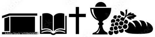 Fotografie Christian altar objects showing open bible cross chalice grapes and bread in cle