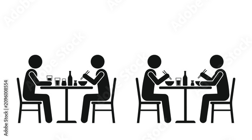 Simple black and white stick figure icons depicting people sitting at tables eating asian food