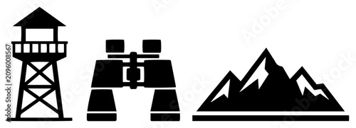 Fotografie Outdoor adventure and forestry icons featuring watchtower binoculars and mountai