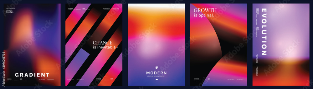 Obraz premium Abstract neon gradient poster templates vector set. Red, pink, purple and blue glowing geometric shapes, diagonal stripes and fluid curves for modern cover, flyer, banner and wall art design.