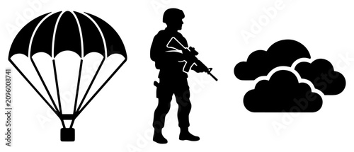 Fotografía Airborne military paratrooper soldier with parachute and clouds in flat silhouet