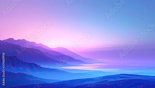 Serene Mountain Landscape at Dawn with Pink and Blue Hues.