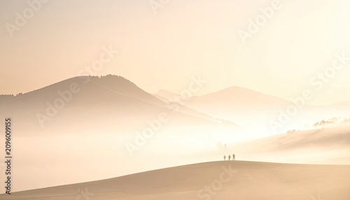 Serene Mountain Landscape at Sunrise with Fog and Silhouettes.