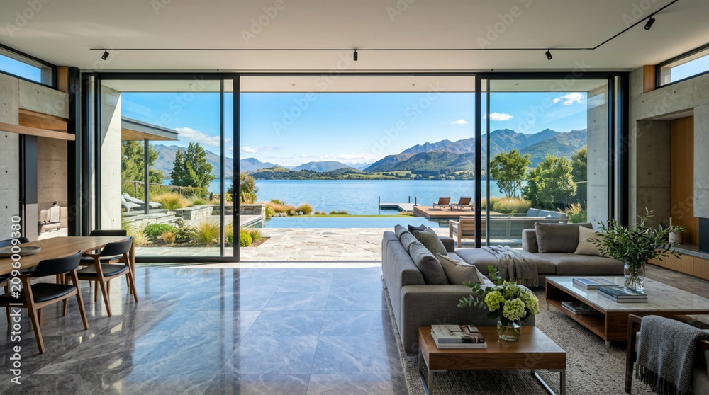 Fototapeta premium Contemporary Living Room with Lake and Mountain View