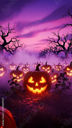 Glowing Halloween jack-o-lanterns in a spooky dark forest.