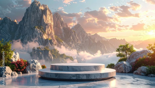 Serene Mountain Landscape with Circular Pedestal and Water Reflection.