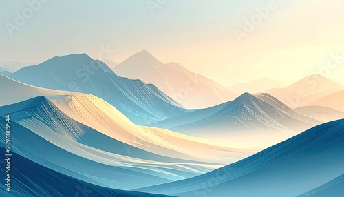 Serene Mountain Landscape with Soft Golden Light and Blue Hues.