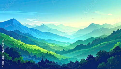 Serene Mountain Landscape with Rolling Green Hills and Blue Sky.