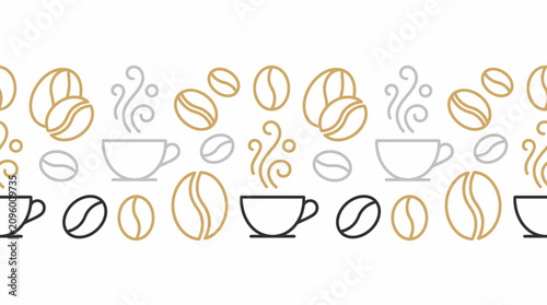 Foto Coffee beans and steaming cups are arranged in a repeating decorative border pattern that evokes the inviting aroma and ritual of a morning caffeinated beverage