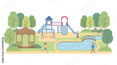 People enjoy an active lifestyle while jogging through a lush public park featuring a playground, a wooden gazebo, and a calm pond with a small pedestrian bridge.