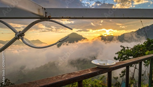 Serene Mountain Sunrise View from Balcony with Coffee Cup.