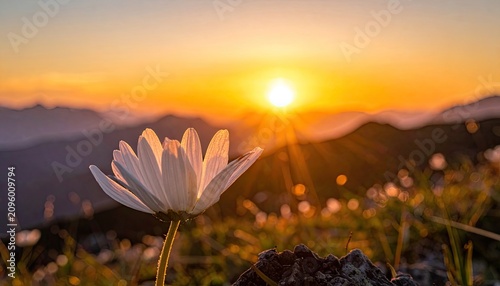 Serene Mountain Sunrise with a Lone White Flower in Bloom.