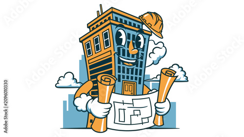 Fotografie Playful Building Character Engaging with City Plans in Urban Environment Illustr