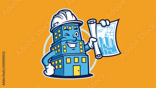 Playful Construction Mascot Holding Plans in a Vibrant City Environment - Illustration