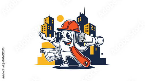 Foto Playful Construction Worker with Blueprints in Urban Setting - Cartoon Illustrat
