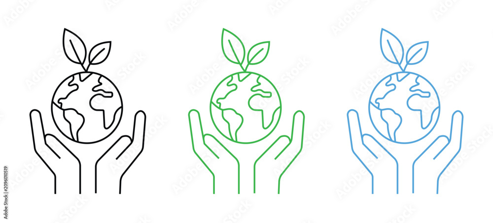 Fototapeta premium Environmental impact multiple style icon design vector - Globe with gear and leaf representing environmental impact, sustainability assessment, Global Care, and responsible resource management.