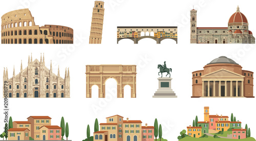 Cuadro en lienzo Detailed Italy Landmark Vector Illustration Set Featuring Colosseum Leaning Towe