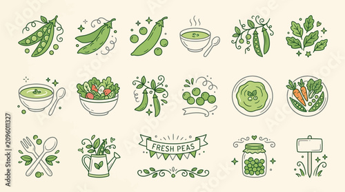 A collection of hand-drawn doodle illustrations featuring fresh peas, pea pods, pea soup, and other green vegetable dishes, with decorative elements and banners.