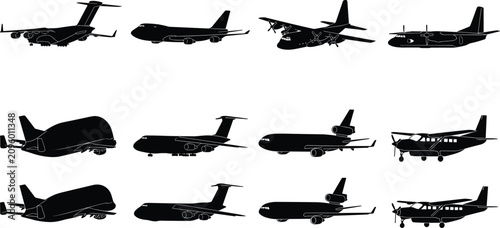 Commercial and Military Aircraft Silhouette Collection Featuring Cargo Planes and Transport Airplane Vector Set