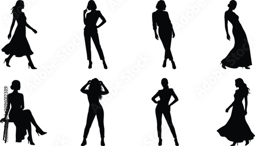 Elegant women silhouettes collection featuring fashionable female poses in dresses and stylish standing figures