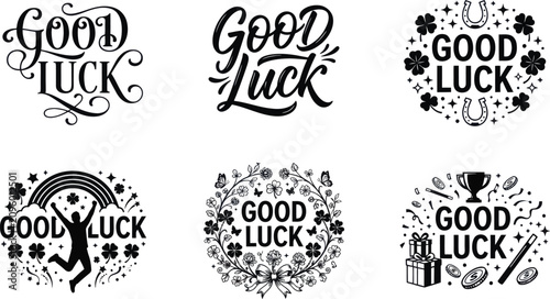 Good luck hand drawn lettering set with symbols of prosperity and success Vector, illustration