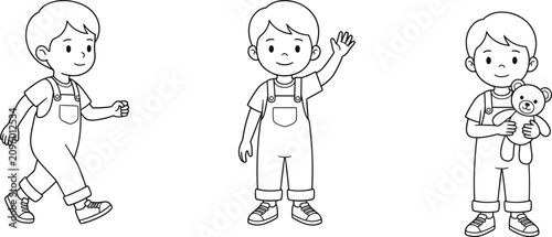 Cute cartoon boy character set with walking waving and teddy bear poses line art illustration