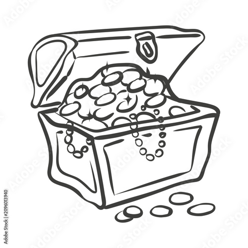 Hand-drawn ink drawing of a treasure chest filled with gold coins. Vector whimsical illustration of a summer pirate adventure doodle in simple crayon style. Black outline pirate treasure sketch.