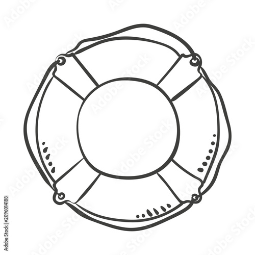 Hand-drawn ink drawing of a lifebuoy. Vector whimsical illustration of a summer beach safety doodle in simple crayon style. Black outline life ring sketch isolated on a white background.