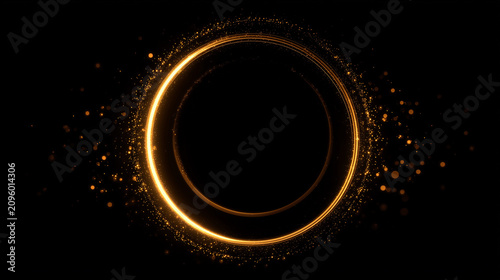 Abstract golden light ring with shimmering star dust particle texture, neon circular portal frame on black backdrop