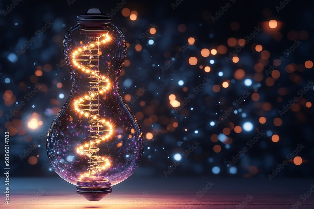 Obraz premium Glowing DNA Helix Inside a Light Bulb Conceptual Innovation Symbolizing Biological Science Advances.