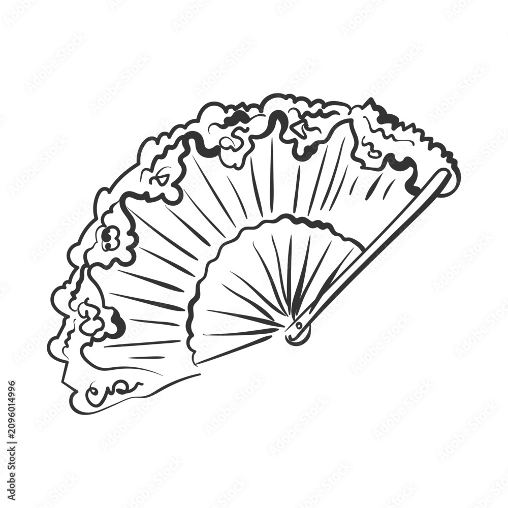 Obraz premium Hand-drawn ink drawing of a Spanish folding fan. Vector whimsical illustration of a summer beach accessory doodle in simple crayon style. Black outline elegant fan sketch isolated.