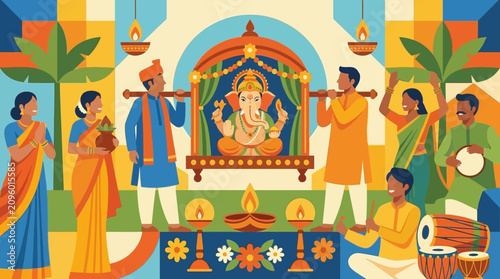 Tableau sur toile People celebrating a traditional festival with a decorated deity idol and oil la