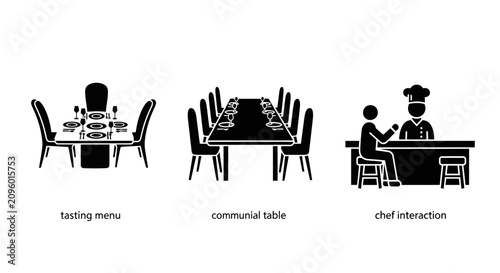 Restaurant Dining Icons: Tasting Menu, Communal Table, Chef Interaction
