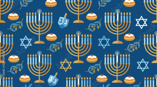 Foto Seamless Hanukkah pattern featuring menorahs, dreidels and festive donuts