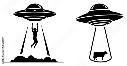 Quadro su tela Alien flying saucer abducting human and cow with light beam in classic sci-fi fl