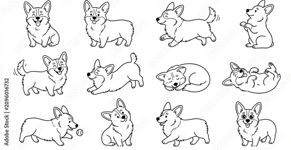 Fototapeta premium SEO Title: Cute Welsh Corgi Dog Doodle Collection in Hand Drawn Vector Style