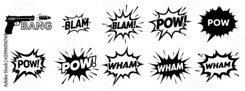 Konstfotografi Comic book action bubbles with bang pow wham sound effects and gun icon in pop a