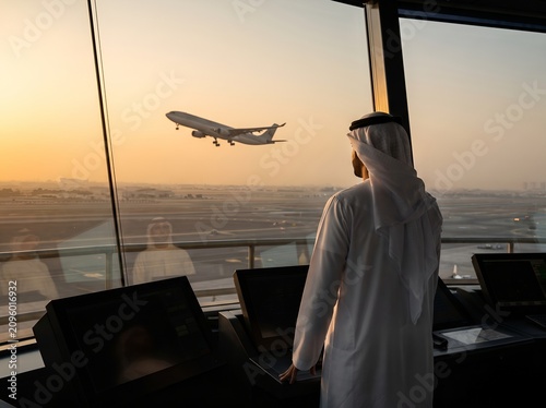Arab man watching airplane takeoff from airport tower at sunset