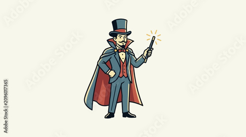 Schilderij op canvas Dapper cartoon magician conjuring a spell with his glowing wand