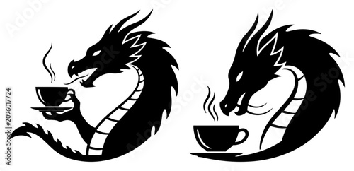 Tableau sur toile Dragons holding coffee cups and drinking hot drinks in black silhouette style