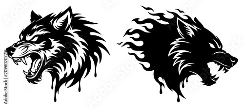 Bild auf Leinwand Aggressive wolf heads silhouettes with flaming fur detail in mascot tattoo style