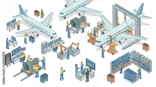 Airplane Manufacturing Assembly Line Process Illustration.