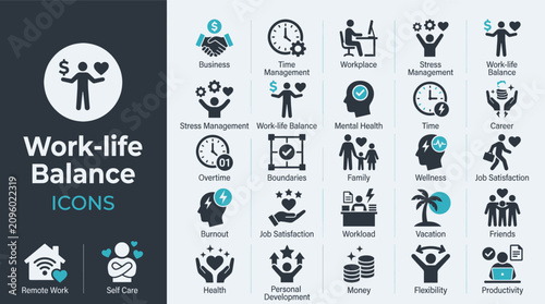 Set of work life balance icons showing professional and personal life harmony and time management concepts in a clean modern style