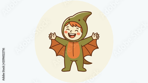 Bild auf Leinwand A happy child wearing a cute green dragon costume for a fun party