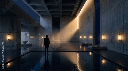 Solitary Businessman Standing in Empty Modern Corridor