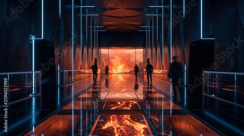 Silhouettes Walking Toward Apocalyptic Fire in Futuristic Corridor