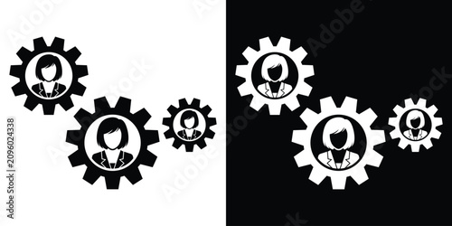 Schilderij op canvas Female corporate employee icons inside integrated rotating gear cogs