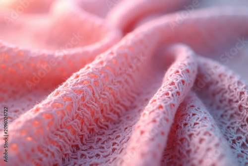 Crinkled pink knitted fabric made of pure wool. Close-up with limited depth of field.