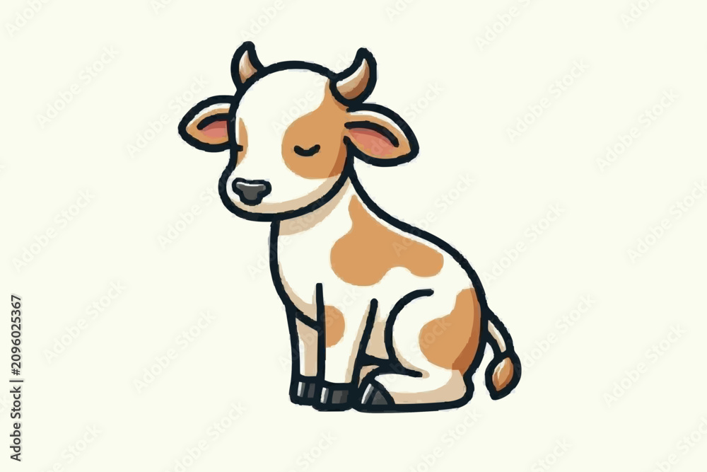 Fototapeta premium Cute cartoon calf sitting peacefully. Adorable young cow vector illustration for farm and animal themes.