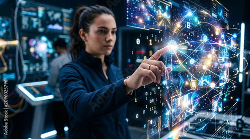 Woman interacting with holographic metaverse interface on futuristic device hand finger touch hologram